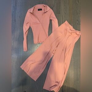 MINKPINK Pink Wide Leg Ribbed Collard Set
